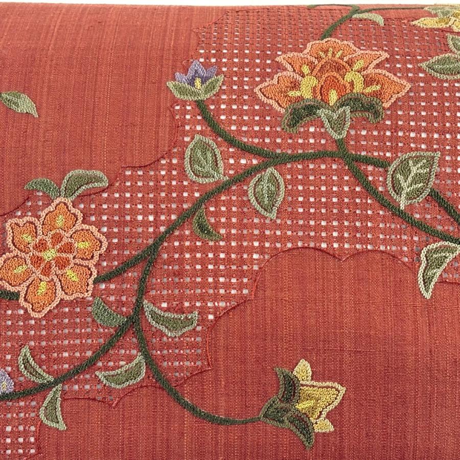 名古屋帯 秀品 紬地 花唐草 雲文 相良刺繍 金糸 茶色 正絹 中古 