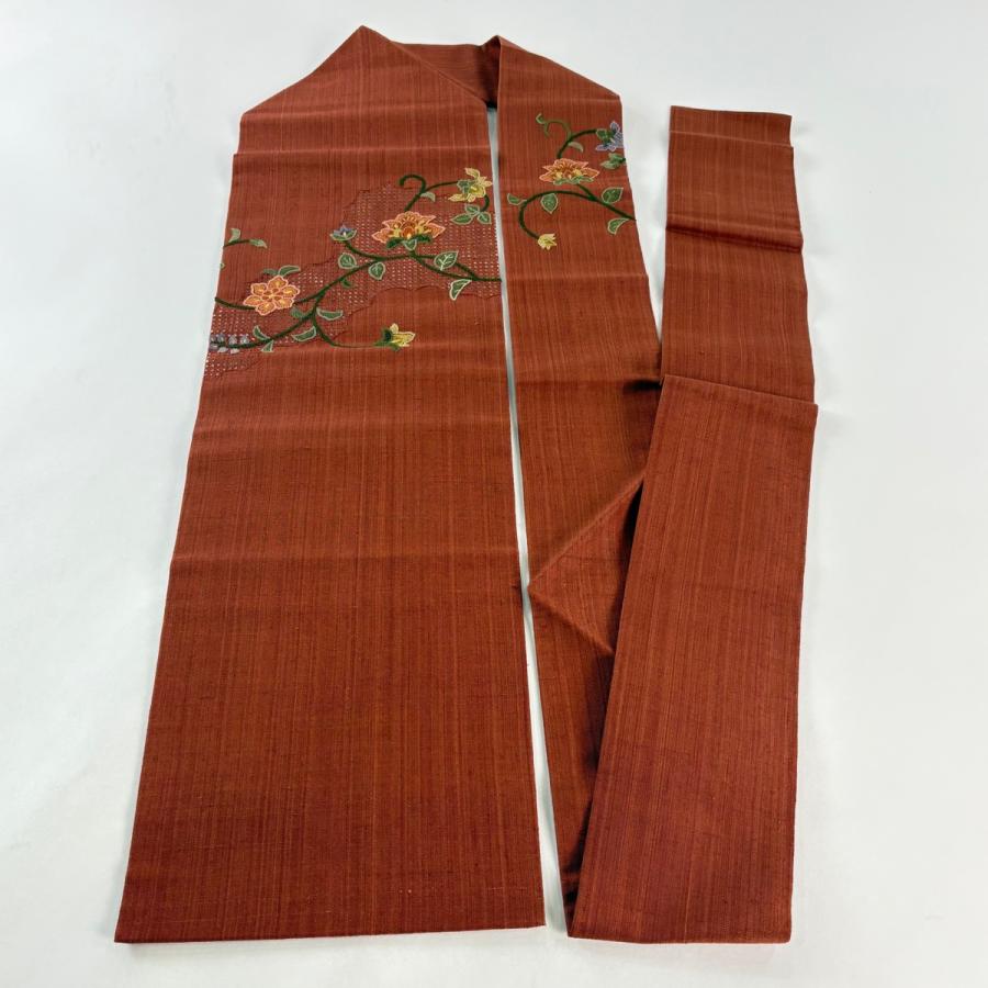 名古屋帯 秀品 紬地 花唐草 雲文 相良刺繍 金糸 茶色 正絹 中古 