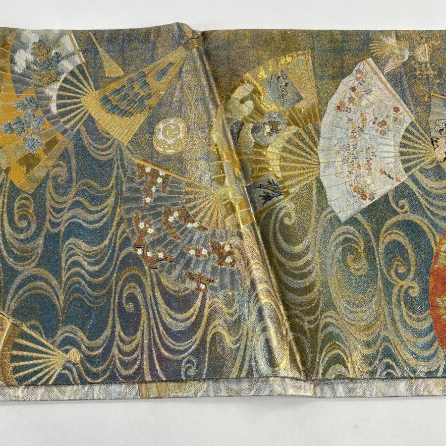 袋帯 秀品 徳川美術館秘蔵 扇 花鳥 金糸 箔 金色 お太鼓柄 正絹