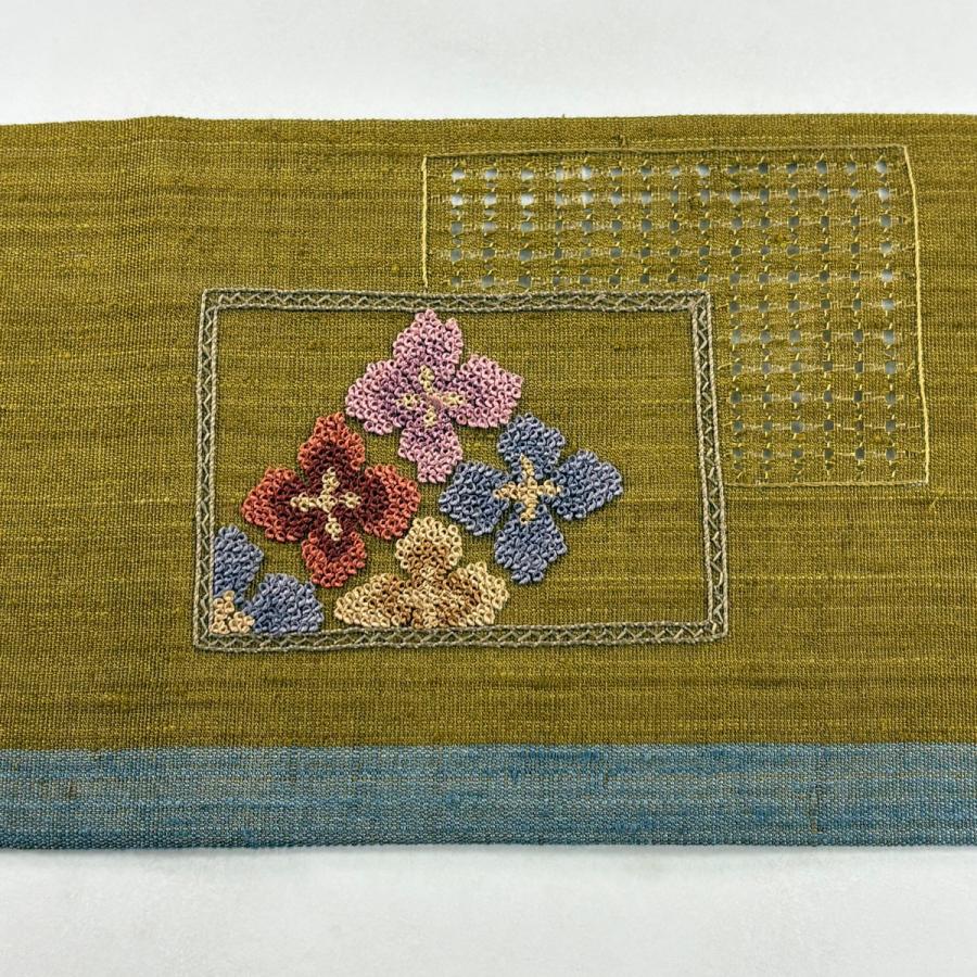 美品 名古屋帯 秀品 紬地 色紙 菖蒲 刺繍 茶緑色 正絹 中古 A