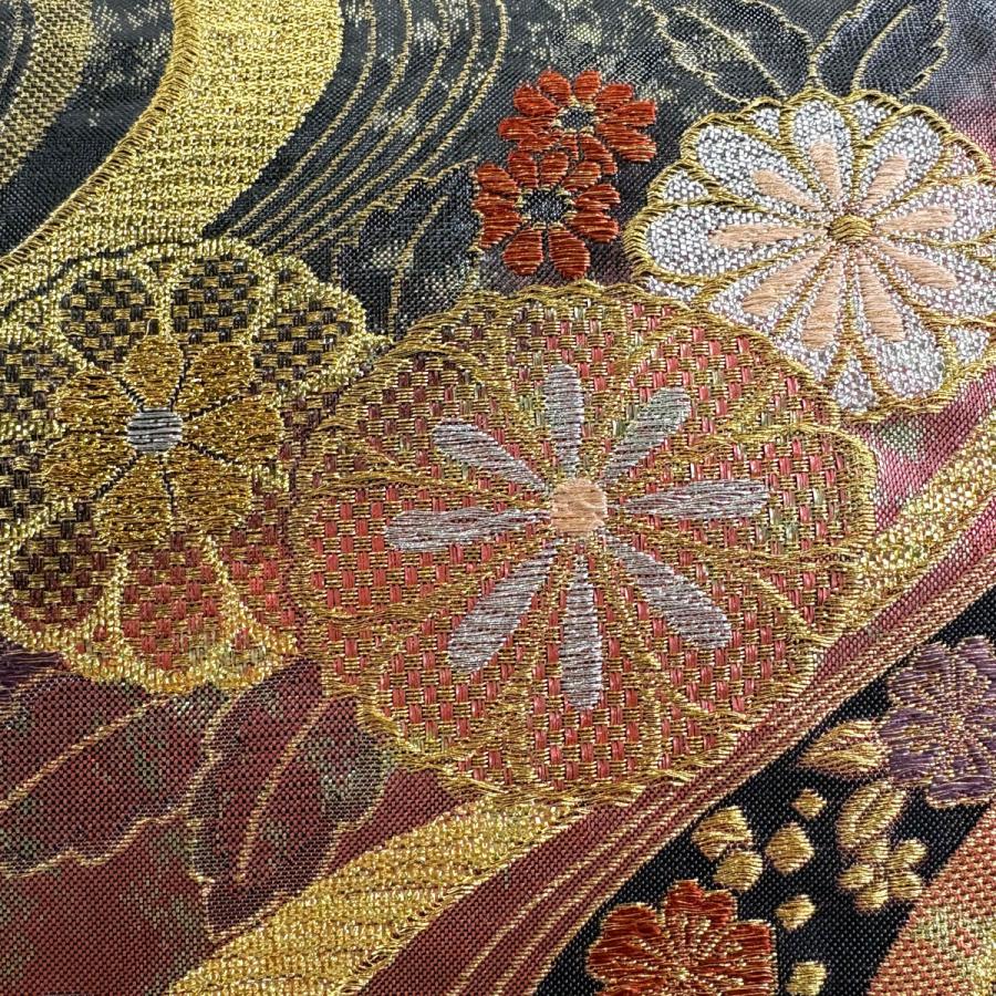 袋帯 秀品 菊 蝶 金銀糸 箔 濃ピンク 六通 正絹 中古 : リユース 