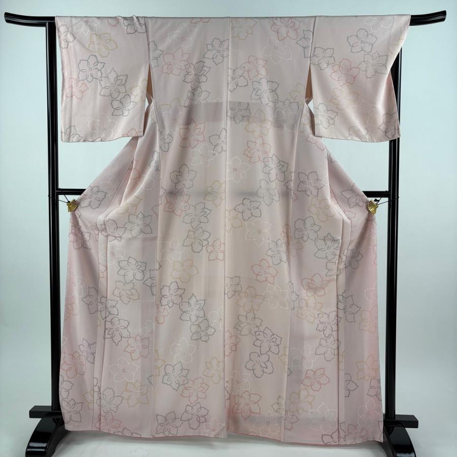 美品 小紋 身丈166.5cm 裄丈66cm M 袷 花 ピンク 正絹 秀品 中古
