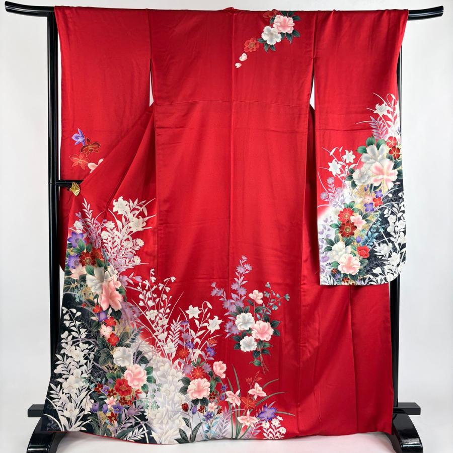 振袖 身丈168cm 裄丈67cm M 袷 草花 金彩 ラメ 赤 正絹 秀品 中古