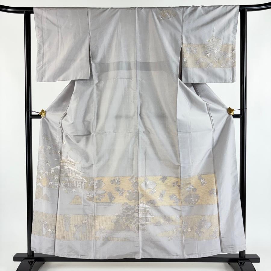 美品 訪問着 身丈158cm 裄丈62.5cm S 袷 建物 楓 金通し 刺繍 灰紫
