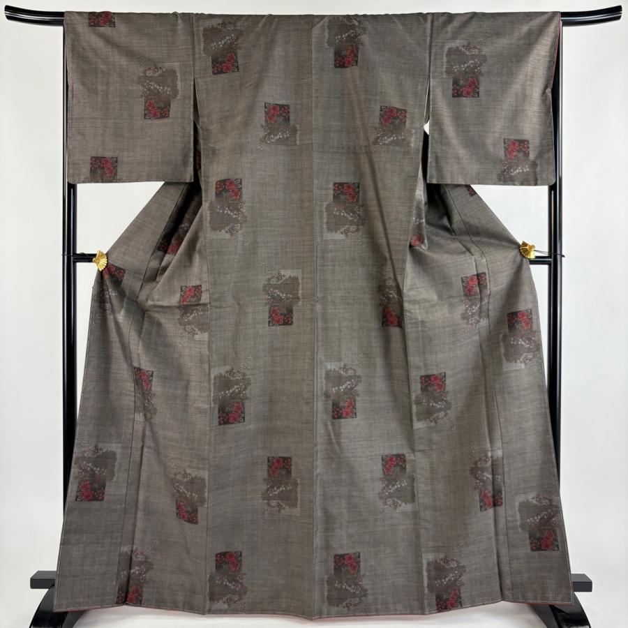 美品 紬 身丈166cm 裄丈67cm M 袷 色紙 草花 焦茶色 正絹 秀品 中古