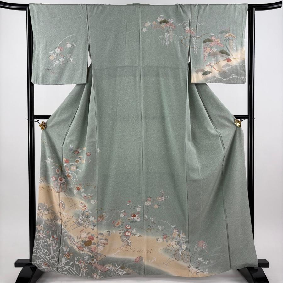 訪問着 身丈165cm 裄丈64cm M 袷 花車 八橋 金彩 ぼかし 薄緑 正絹