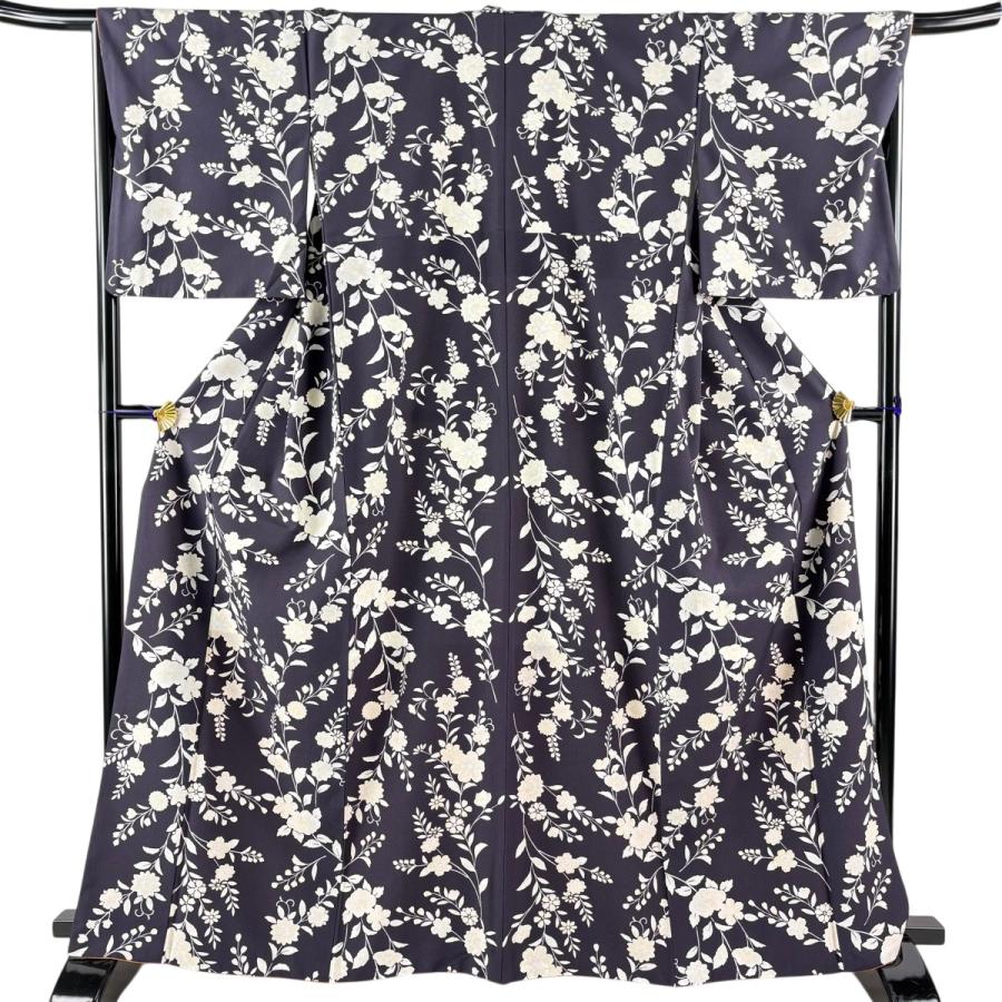 小紋 美品 名品 身丈164.5cm 裄丈67cm 正絹 【中古】 美品 小紋 身丈164.5cm 裄丈67cm M 袷 草花 濃紫 化繊 秀品 中古