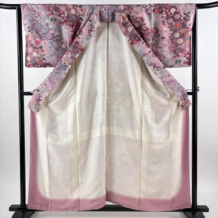 美品 小紋 身丈159cm 裄丈64.5cm M 袷 草花 紫 正絹 秀品 中古