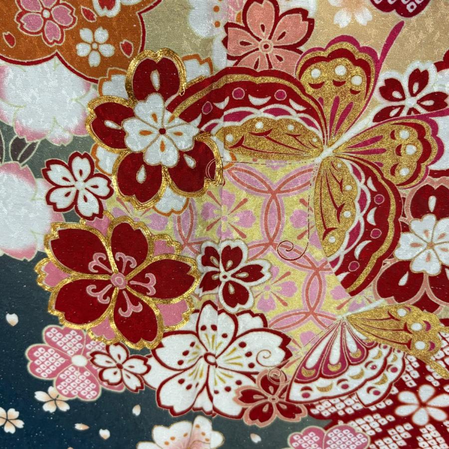 美品 振袖 身丈169cm 裄丈63cm S 袷 蝶 桜 銀通し 金糸 青緑 正絹 名品 