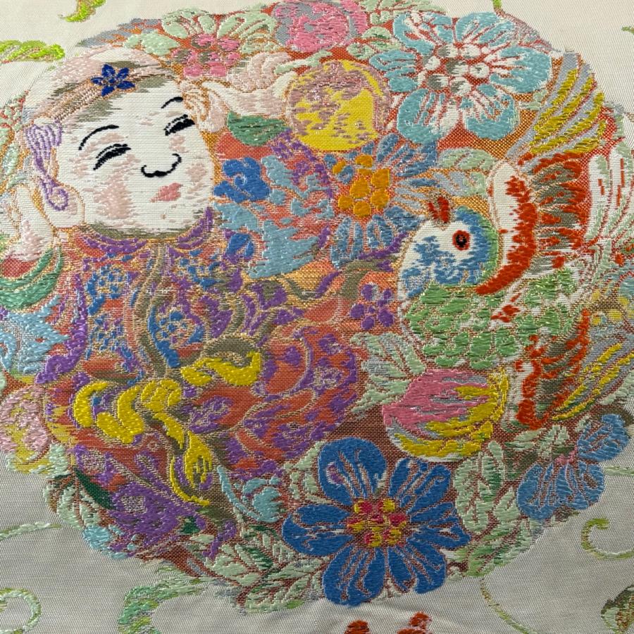 袋帯 逸品 龍村平蔵 落款あり 人形手印金錦 箔 ベージュ お太鼓柄 正絹 