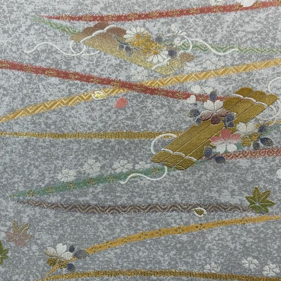 美品 名古屋帯 逸品 和田光正 落款あり 花筏 草花 金彩 金糸 灰色 正絹 中古_1