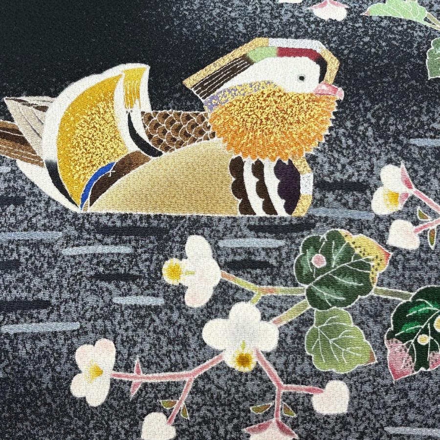 美品 開き名古屋帯 逸品 人間国宝 羽田登喜男 落款あり 鴛鴦 草花 金銀彩 黒 正絹 中古