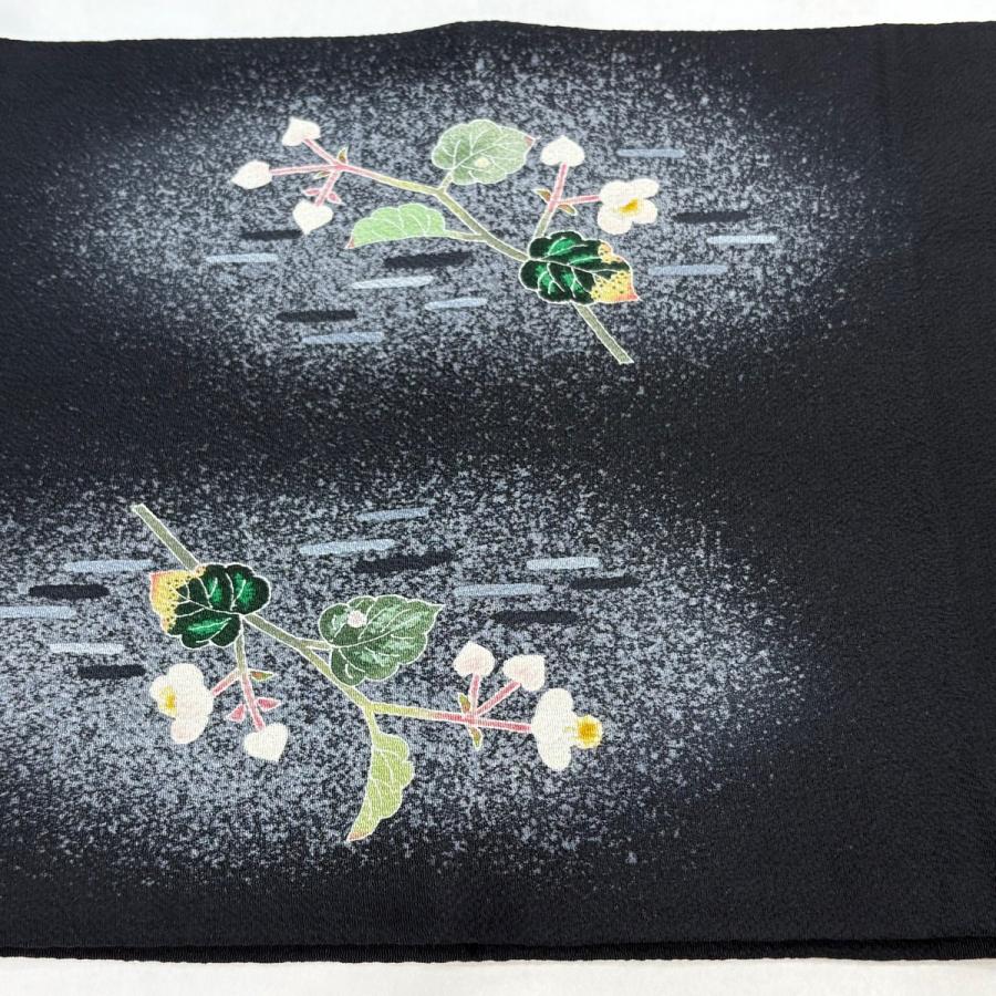 美品 開き名古屋帯 逸品 人間国宝 羽田登喜男 落款あり 鴛鴦 草花 金銀彩 黒 正絹 中古