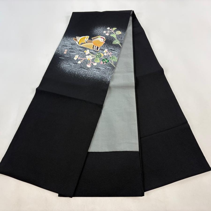 美品 開き名古屋帯 逸品 人間国宝 羽田登喜男 落款あり 鴛鴦 草花 金銀彩 黒 正絹 中古