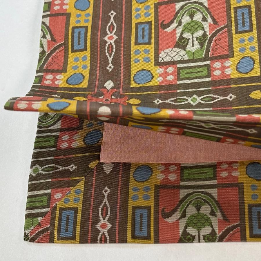 美品 開き名古屋帯 逸品 龍村美術織物 幾何学模様 茶紫 正絹 中古_5