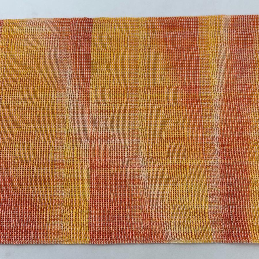 美品 開き名古屋帯 優品 夏帯 八寸名古屋帯 霞 段縞 オレンジ 正絹