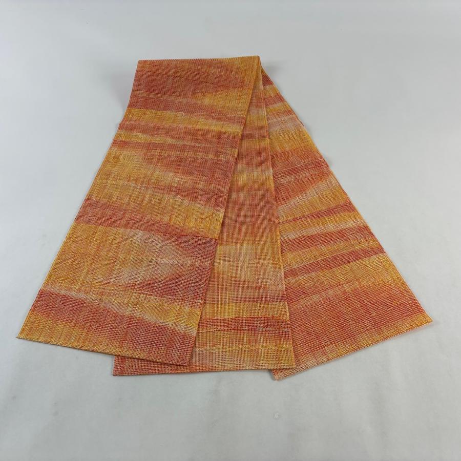 美品 開き名古屋帯 優品 夏帯 八寸名古屋帯 霞 段縞 オレンジ 正絹