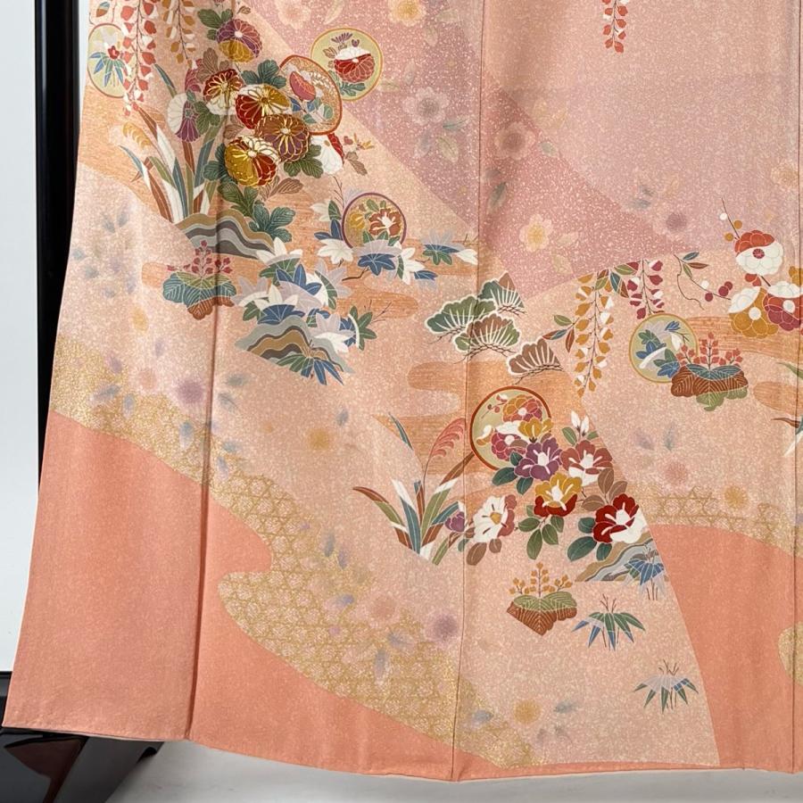 訪問着 身丈163cm 裄丈65cm M 袷 菊 丸文 サーモンピンク 正絹 名品 一 