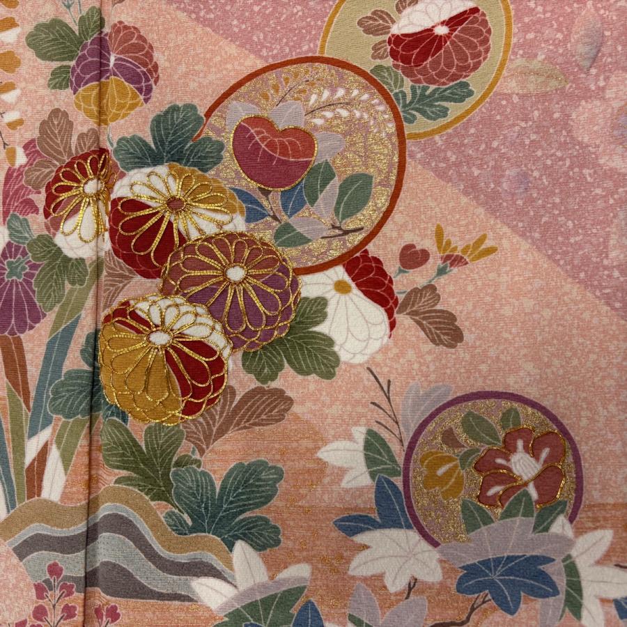 訪問着 身丈163cm 裄丈65cm M 袷 菊 丸文 サーモンピンク 正絹 名品 一 