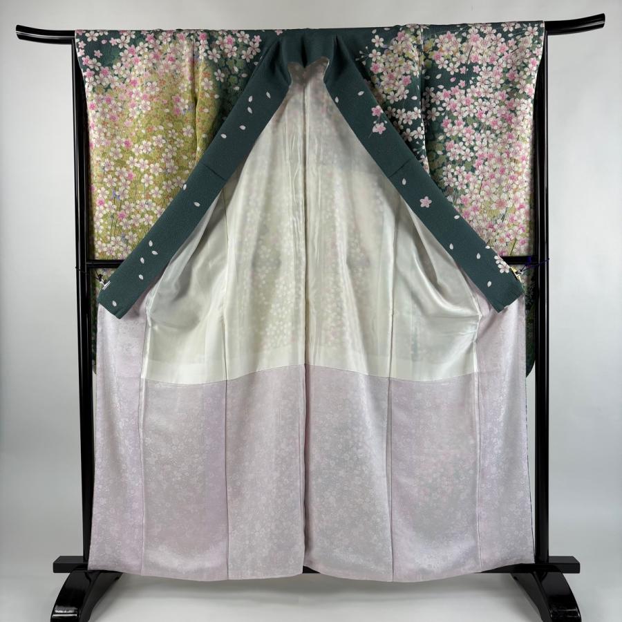 美品 振袖 身丈161.5cm 裄丈66.5cm M 袷 桜 七宝 銀通し 箔 緑 正絹 逸品 中古_2