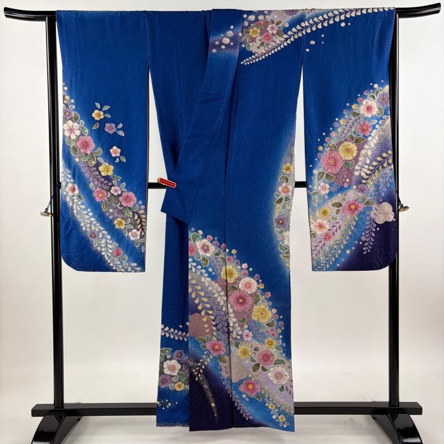 振袖 身丈160cm 裄丈65cm M 袷 辻が花 金通し 金彩 青 正絹 逸品 中古