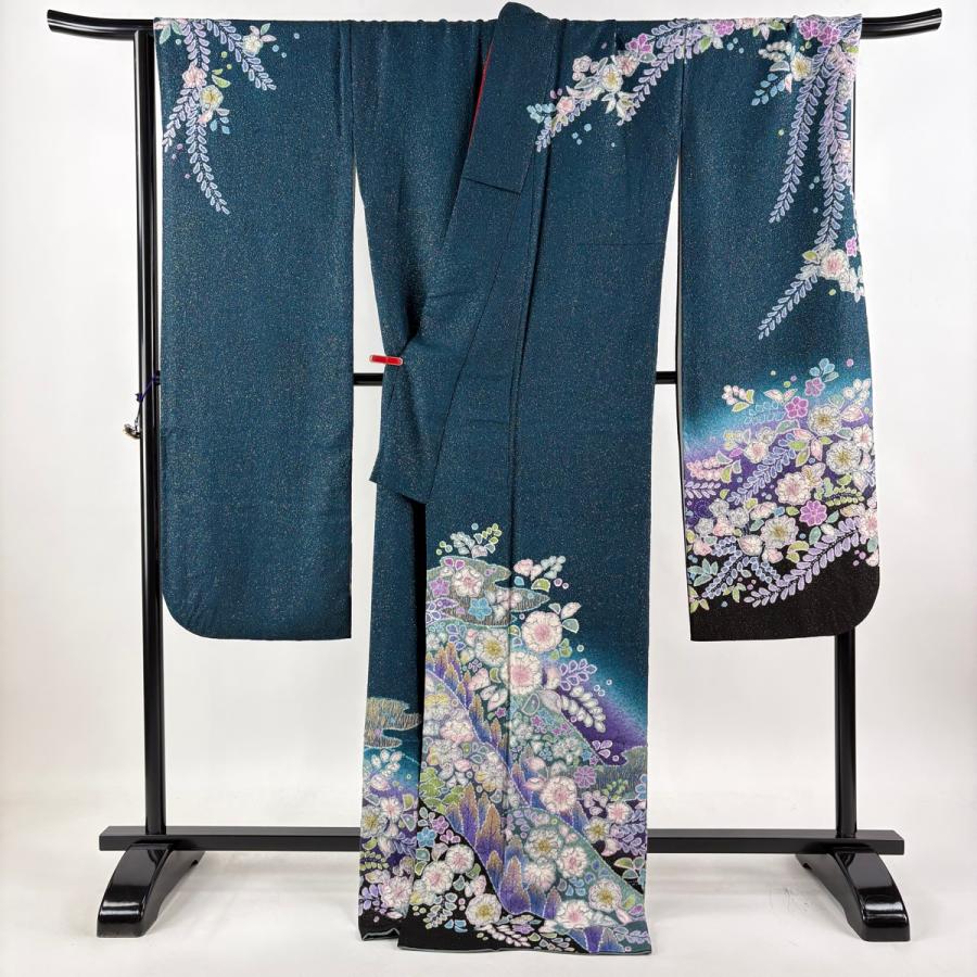 振袖 身丈174.5cm 裄丈70cm L 袷 辻が花 霞 金通し 金彩 青緑 正絹
