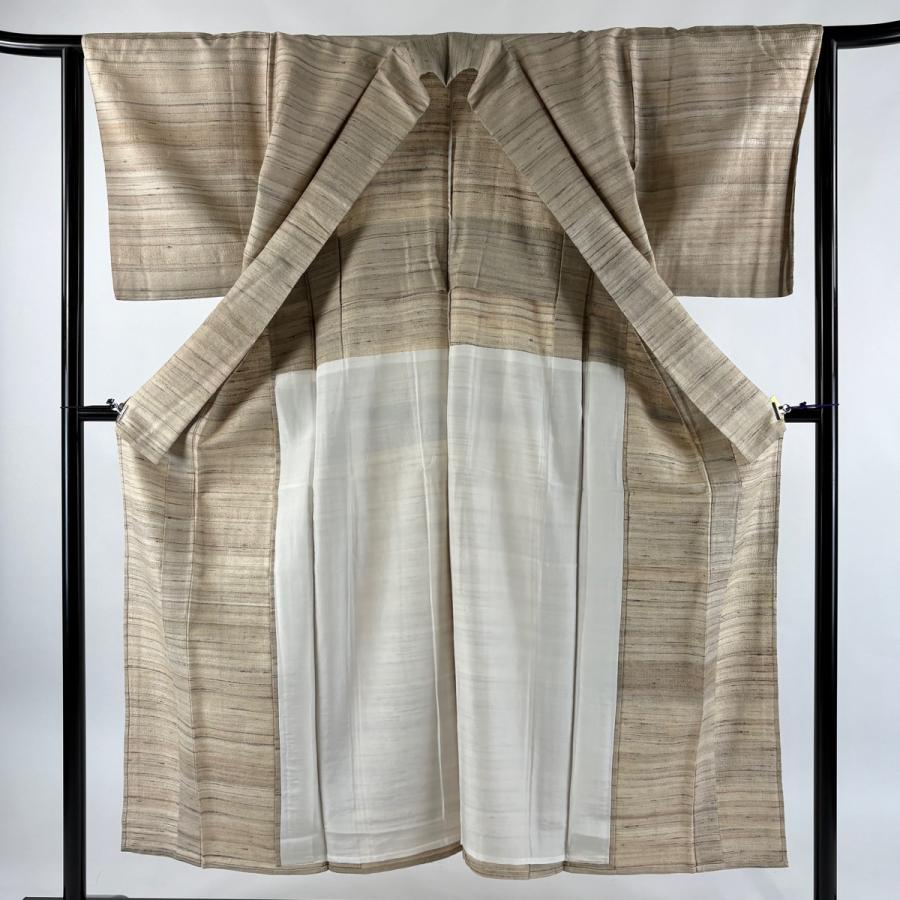 美品 紬 身丈152cm 裄丈64cm M 単衣 ベージュ 正絹 逸品 中古 