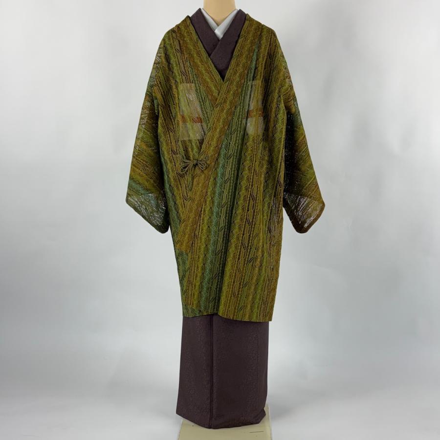 道中着 身丈105cm 裄丈64.5cm M 和装コート 着物衿 縦縞 幾何学 黄土色 