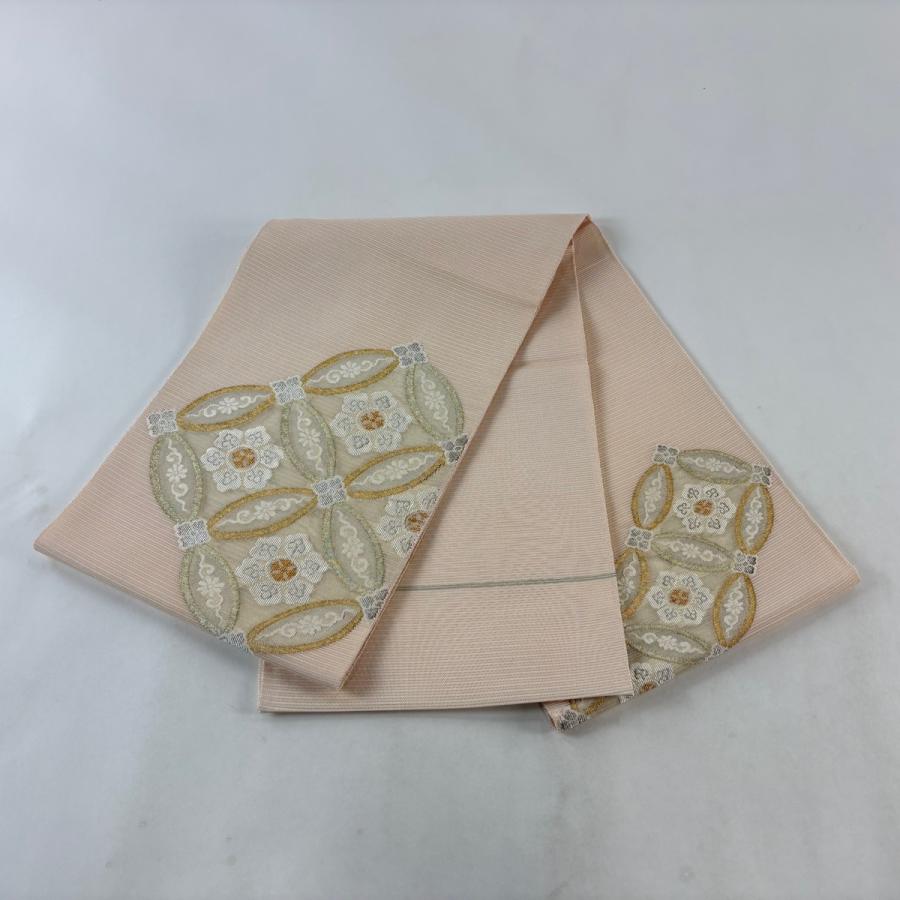袋帯 秀品 夏帯 絽 七宝 華文 金銀糸 薄ピンク お太鼓柄 正絹 中古