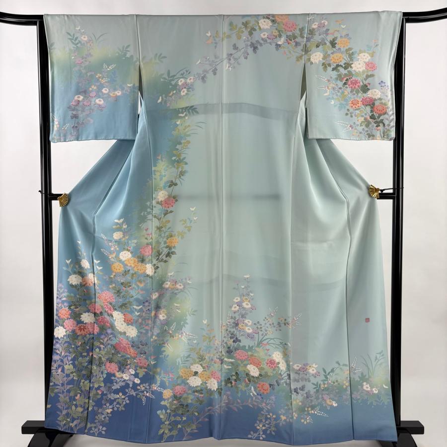 訪問着 身丈162cm 裄丈64.5cm M 袷 落款あり 菊 染め分け ぼかし 薄緑