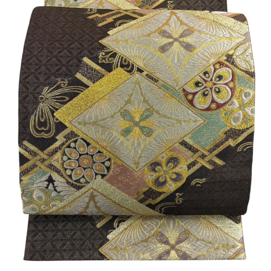 美品】 袋帯 名品 七宝花菱 金糸 箔 灰色 六通 正絹 【】 【公式通販】