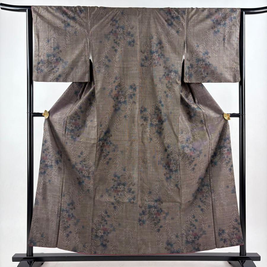 大島紬 身丈156.5cm 裄丈64cm M 袷 純泥染 証紙あり 草花 笹 焦茶色