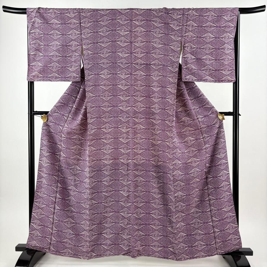 小紋 身丈161cm 裄丈67.5cm L 袷 紬地 向かい鶴 菱 紫 正絹 秀品 中古