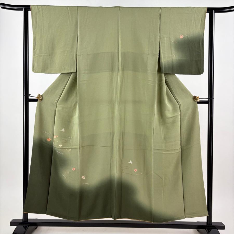 美品 付下げ 身丈154cm 裄丈60.5cm S 袷 梅 流水 刺繍 箔 よもぎ色