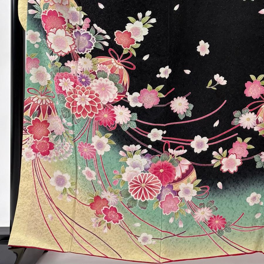 美品 振袖 身丈165.5cm 裄丈66cm M 袷 薬玉 桜 金通し 金彩 黒 正絹 逸品 中古_1