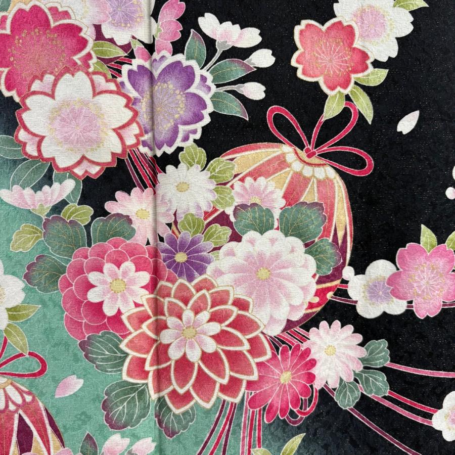 美品 振袖 身丈165.5cm 裄丈66cm M 袷 薬玉 桜 金通し 金彩 黒 正絹 逸品 中古_2