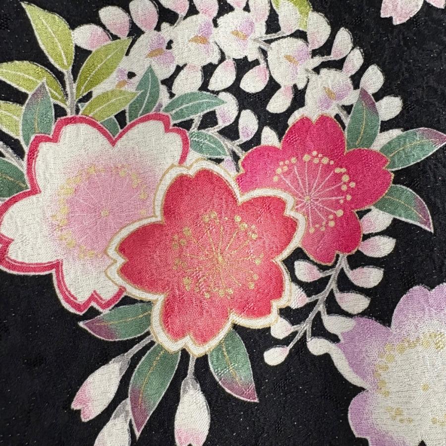 美品 振袖 身丈165.5cm 裄丈66cm M 袷 薬玉 桜 金通し 金彩 黒 正絹 逸品 中古_3
