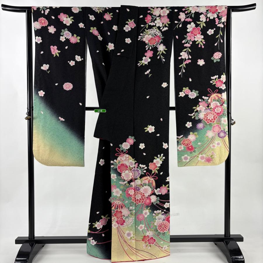美品 振袖 身丈165.5cm 裄丈66cm M 袷 薬玉 桜 金通し 金彩 黒 正絹 逸品 中古_7