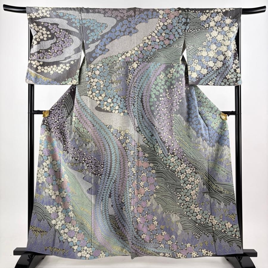 訪問着 身丈160cm 裄丈68cm L 袷 草花 波 金通し 絞り 灰紫 正絹 逸品