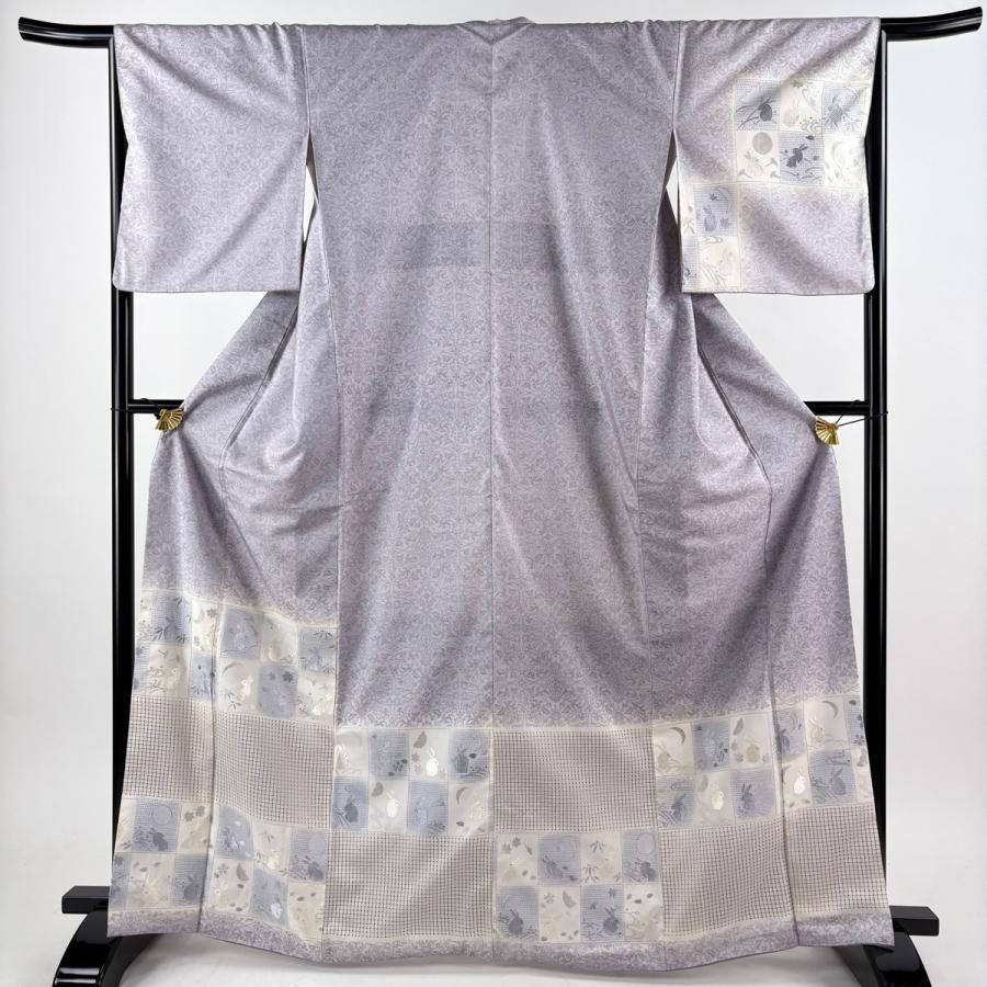 付下げ 身丈166cm 裄丈64.5cm M 袷 紬地 うさぎ 変わり市松 刺繍