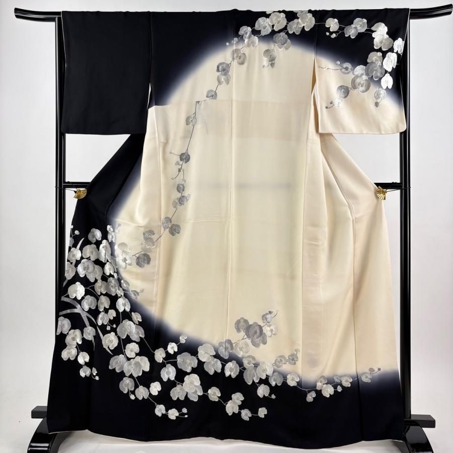 訪問着 身丈164.5cm 裄丈66cm M 袷 胡蝶蘭 刺繍 金糸 黒 正絹 逸品