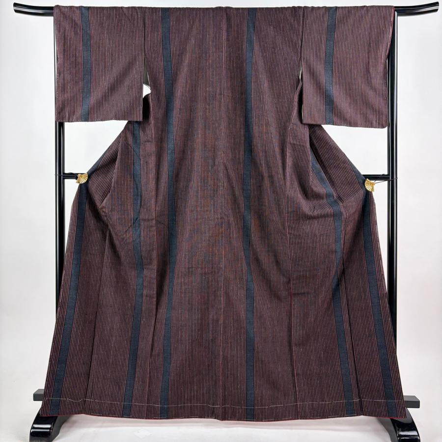 結城紬 身丈165.5cm 裄丈66.5cm M 袷 本場結城紬 証紙あり 縦縞 亀甲絣