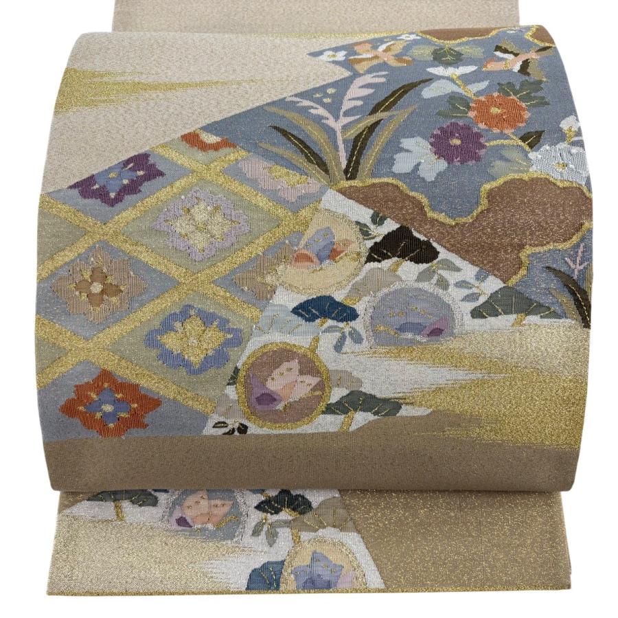 美品 袋帯 逸品 花鳥 花菱 綴織 金銀糸 ベージュ お太鼓柄 正絹 中古