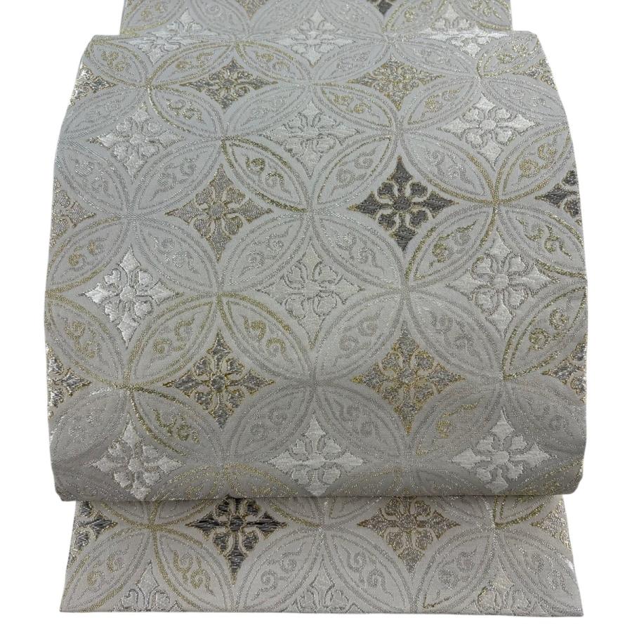 美品 袋帯 逸品 誉田屋源兵衛 落款あり 純白金 七宝繋ぎ 金糸 箔 灰色