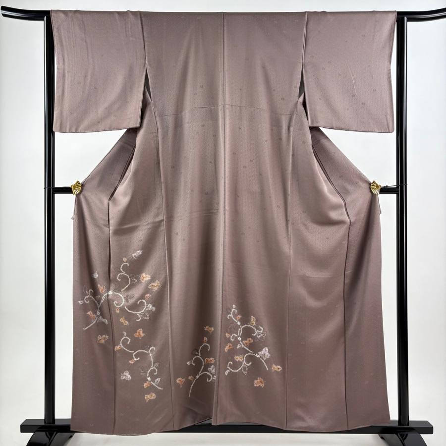 付下げ 身丈159cm 裄丈63.5cm S 袷 花唐草 地紋 刺繍 絞り 灰紫 正絹