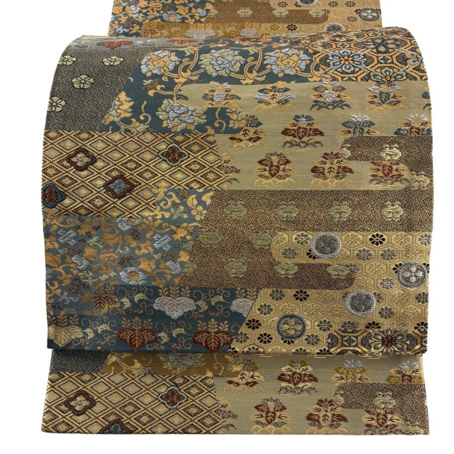美品 袋帯 名品 草花 蜀江華文 刺繍 箔 灰緑 六通 正絹 中古