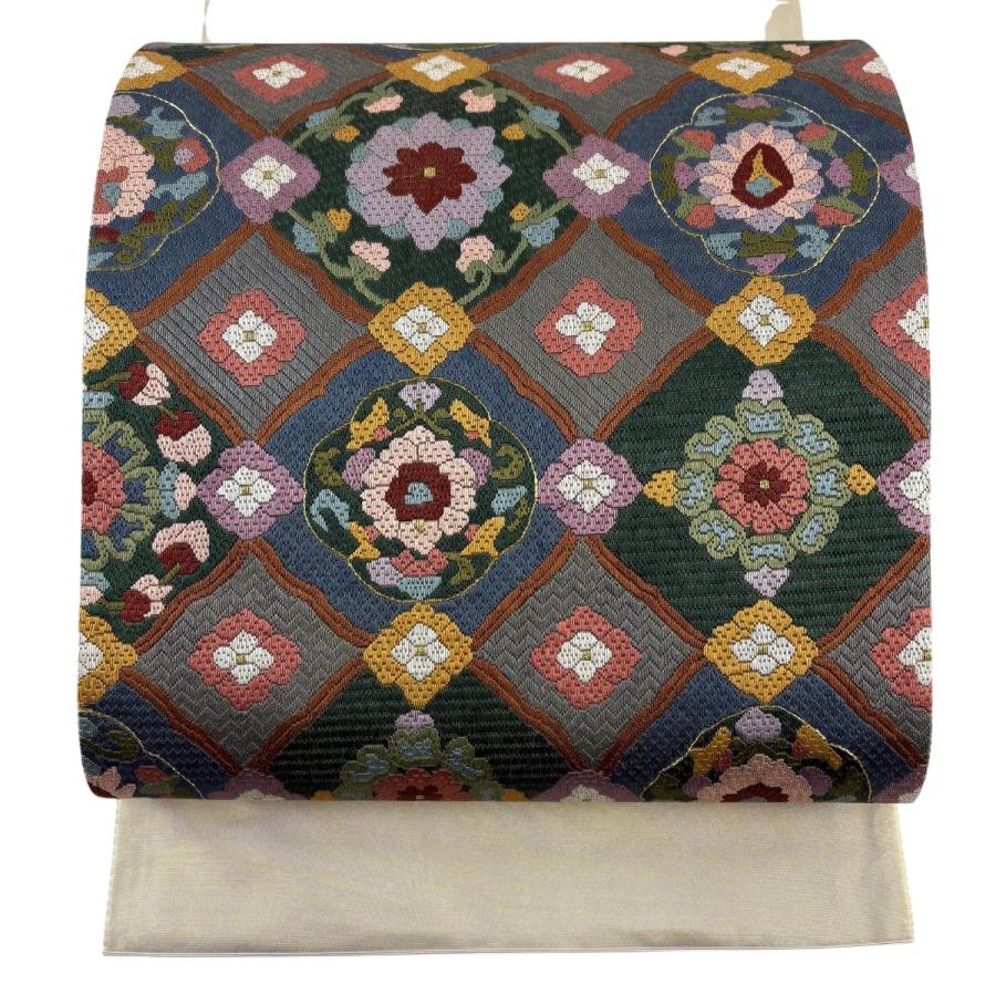 袋帯 名品 関西仕立て 華文 金糸 刺繍 青灰色 お太鼓柄 正絹 中古