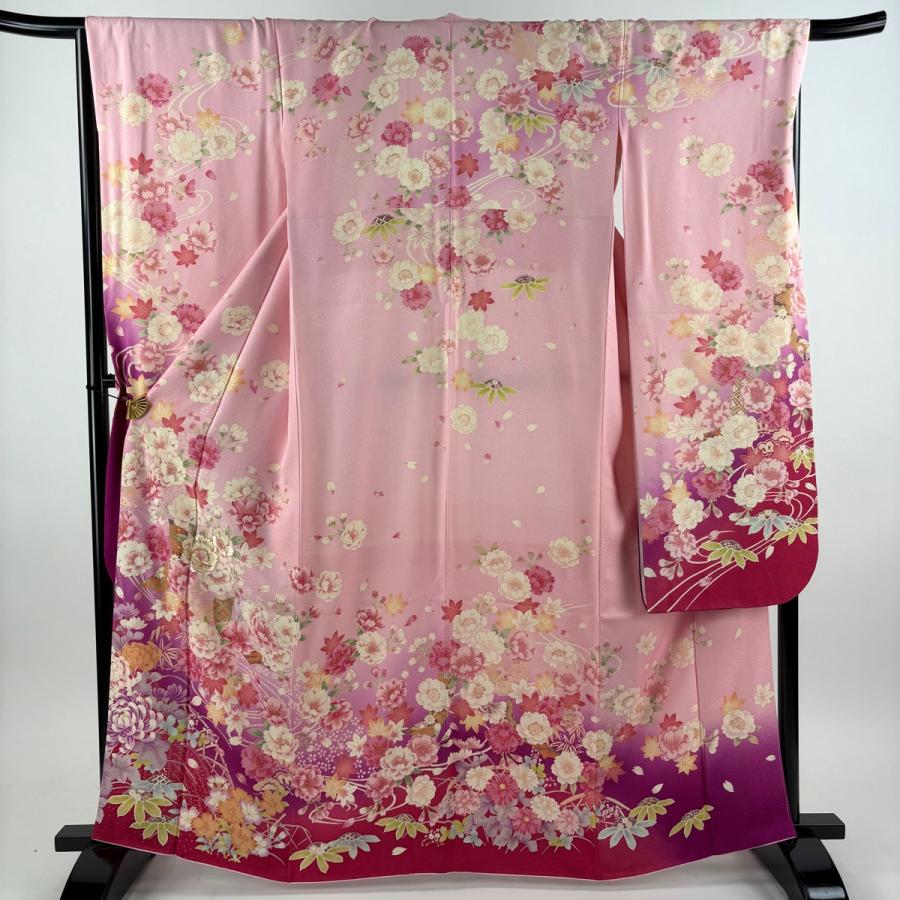 美品 振袖 身丈162.5cm 裄丈68cm L 袷 草花 七宝 金彩 刺繍 ピンク