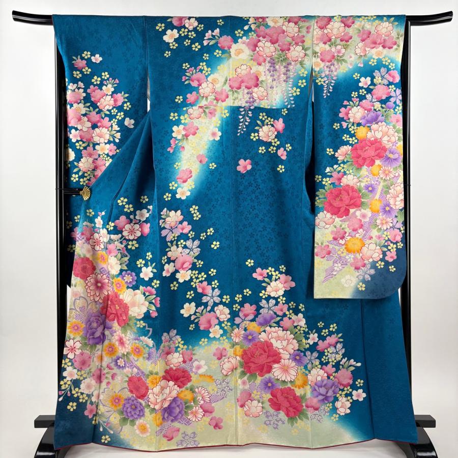 振袖 身丈165cm 裄丈67cm M 袷 牡丹 桜 金彩 箔 青 正絹 名品 中古