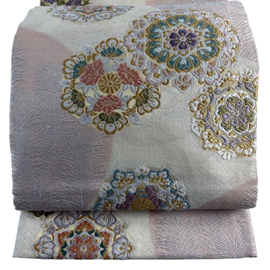 袋帯 逸品 草木染 新小石丸 大王松おしるし文 華文 刺繍 金糸 クリーム